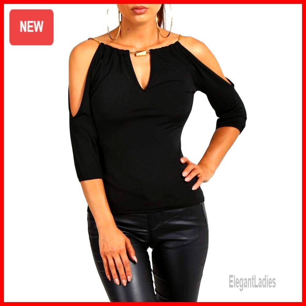 Slim Fit Cold Shoulder Tee, V-Neck Blouse, Polyester Spandex Stretch Top
